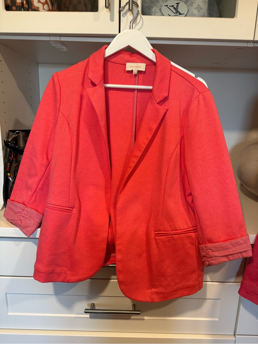 Skies Are Blue Coral Pink Open-Front Knit Blazer